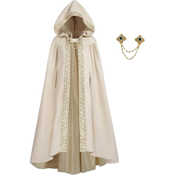 Lace Trim Hooded Cape, Hooded Long Cape Cloak With Lace Trim, Medieval Witch Wizard Hood Robe for Halloween Cosplay, 6 Color Lightweight Full Length Costume Cloak, Beige One Size