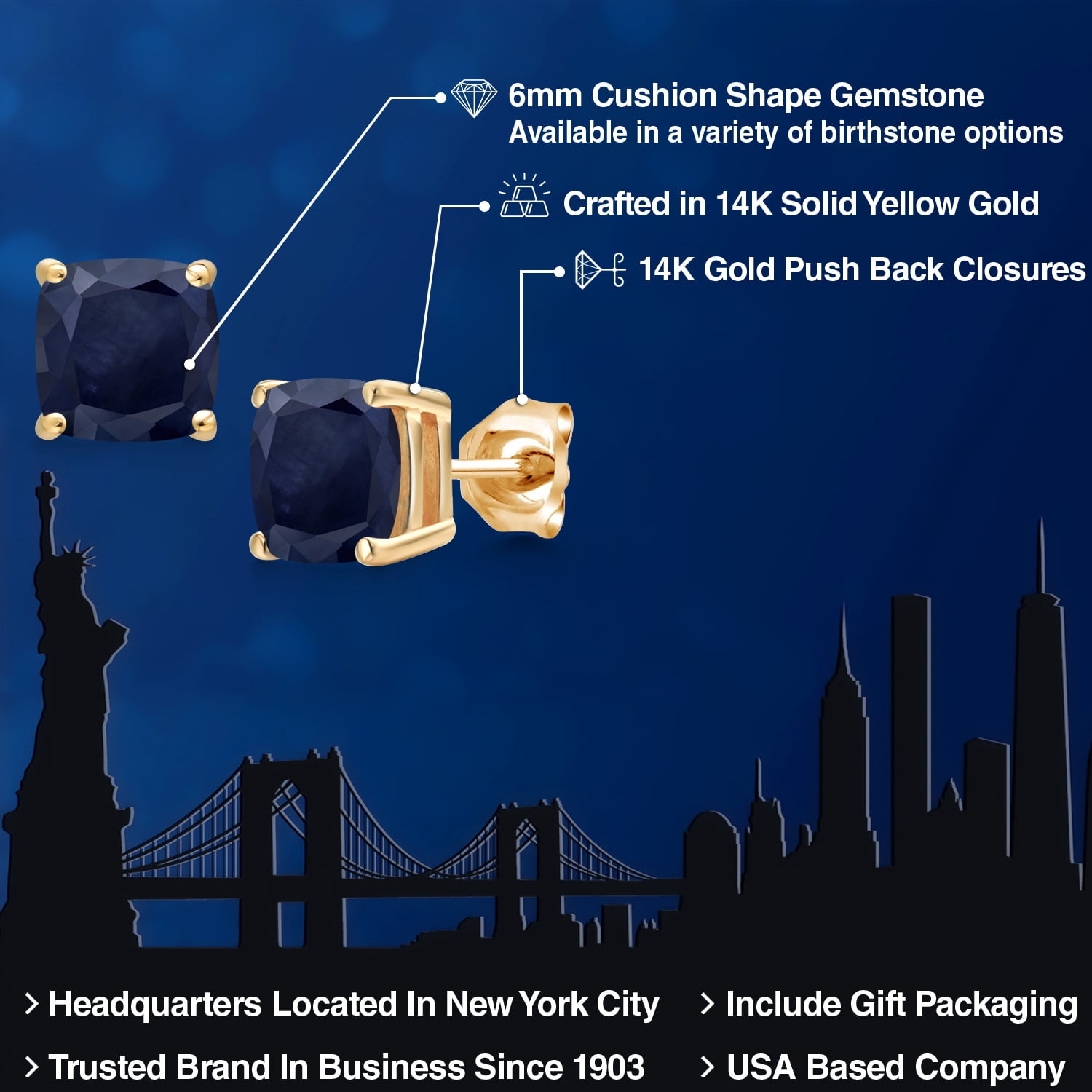Gem Stone King 2.60 Cttw 14K Yellow Gold Cushion 6MM Blue Sapphire Double Notch Stud Earrings | Gemstone September Birthstone | Gold Earrings for Women Men