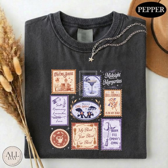 Midnight Margaritas Practical Magic T-Shirt – Witchy Stamp Collage Tee – Spooky Season Retro Movie Shirt