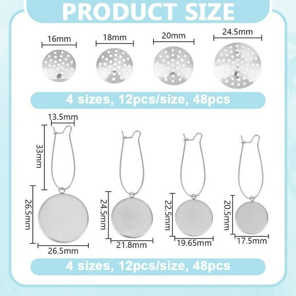 48 pcs 4 Styles Flat Round Embroidery Earring Pendant Blank Earrings Tray Set 304 Stainless Steel Hoop Earring Unfinished Earrings Blanks Earring Pendant Base for Women Jewelry Making