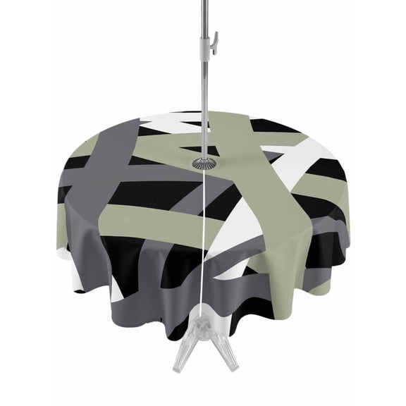 Outdoor Tablecloth with Umbrella Hole for Patio/Picnic/Party/Camping, Sage Green Black Geometric Waterproof Table Cloth Round Cover Washable, Modern Art Abstract Grey Line (Dia 60")