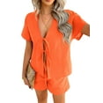thumbnail image 3 of Women'S Summer Short Sets Front Tie V Neck Shirt Tops Matching Casual Shorts 2 Piece Outfits Orange Color M, 3 of 9
