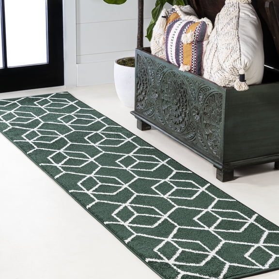 JONATHAN Y SUPERSOFT 2 x 8 Runner Rug, Tumbling Blocks Geometric - Green/White, SEU101D-28
