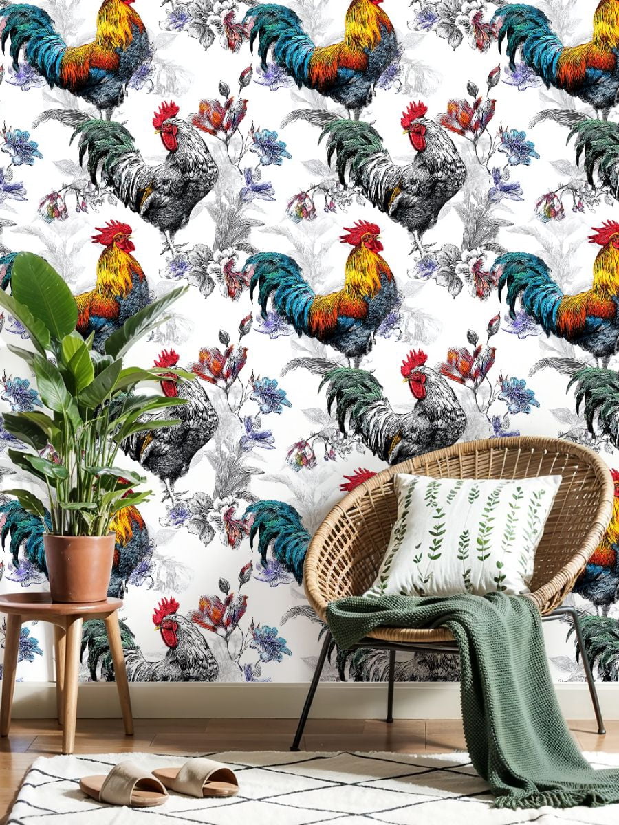 Farmhouse Peel and Stick Wallpaper Vibrant Rooster Colorful Feathers Floral Wall Mural 23.6in x 9.8ft Self Adhesive Wall Paper for Cabinets Drawers Bathroom Bedroom Thicken Vinyl Roll