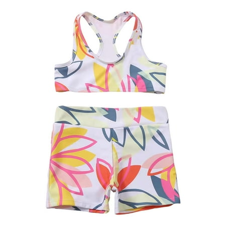 FAOWME Baby Girls Swimsuit Summer Cute Casual Swimming Floral Print Crop Top and Shorts Set Swimwear Toddler