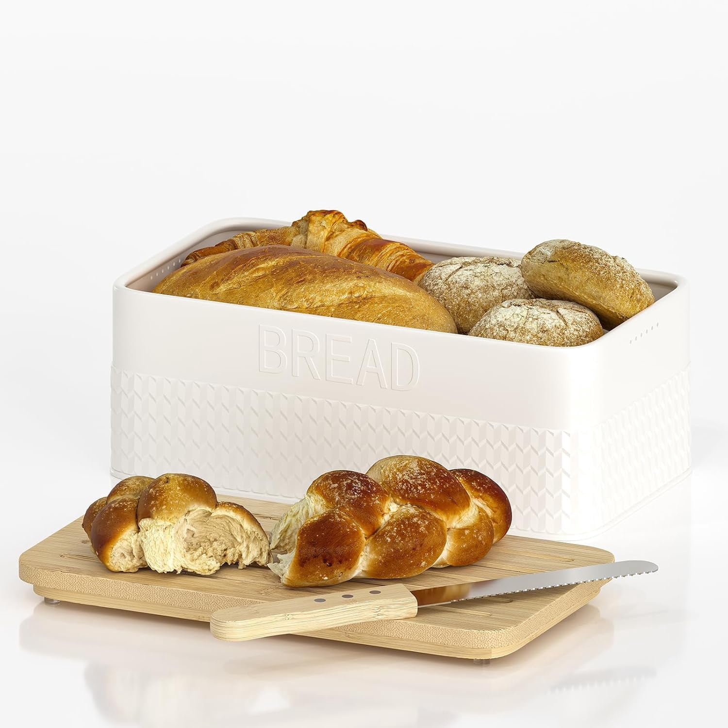 Bread Box for Kitchen Countertop - Metal Bread Storage with Bamboo Cutting Board Lid & Bread Knife, Corner Bread Container for Homemade Bread and Toast, Green
