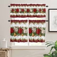 thumbnail image 2 of Christmas Poinsettia Kitchen Curtains and Valances Set, Winter Bells Green Leaf Retro Rod Pocket Window Valance 18 Inch Window Curtain Panels for Living Room Bedroom Laundry, 27.5x24in, 3 Pieces, 2 of 7