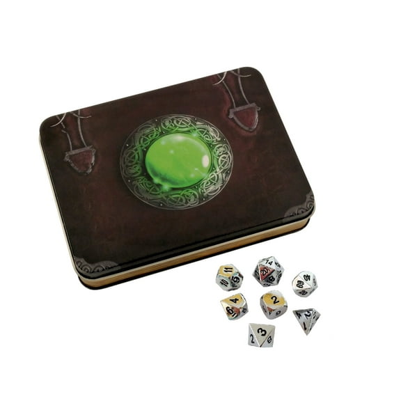 Wizards Grimoire with Shiny Chrome / Silver Color with Black Numbering Metal Dice Set -