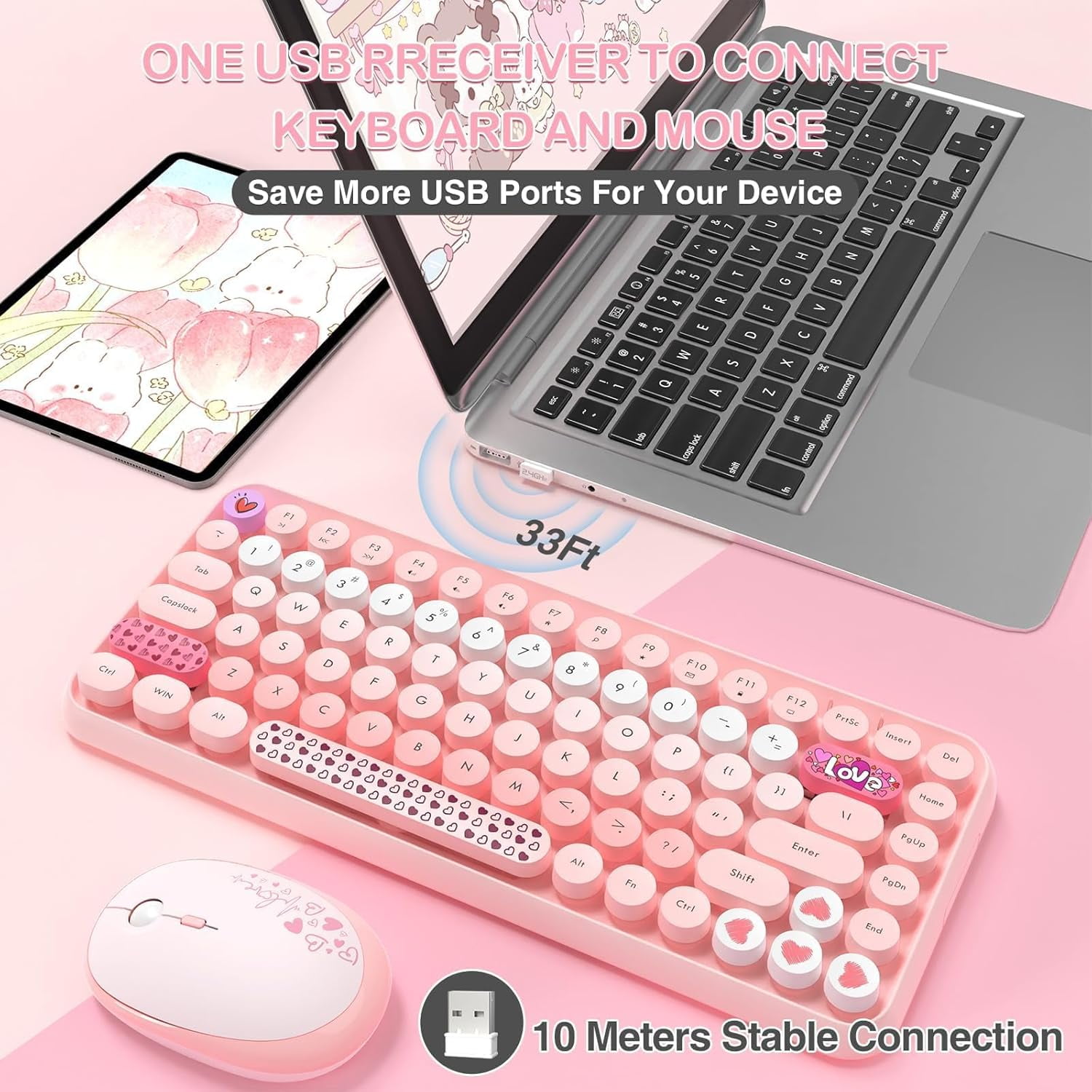 AJAZZ 308i Color Gradient Wireless Keyboard and Mouse Set, Retro Typewriter Keyboard with Cute Theme Round Keycaps for Mac/Windows/PC/Laptop-Pink set