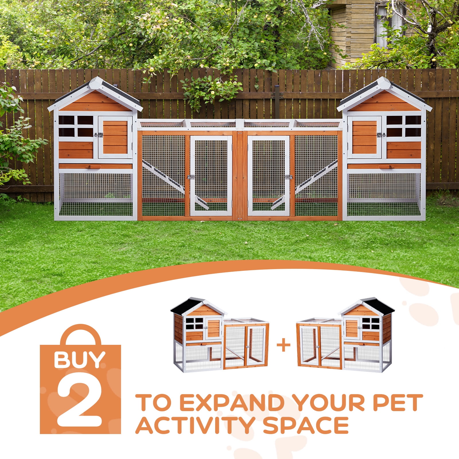 ZHICHUN Wooden Rabbit Hutch with Run Indoor Outdoor Bunny Cage Guinea Pig House with Pull Out Tray Orange