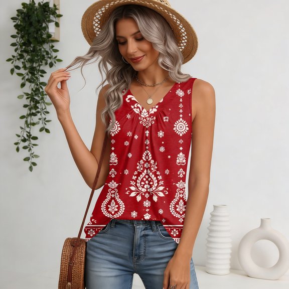 Fashion V Neck Sleeveless Blouse for Women Vintage Damask Print Loose Fit Tank Tops for Summer #03Red L