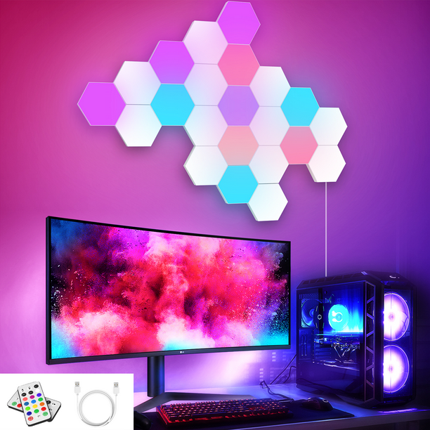 Hexagon Lights with Remote, Smart DIY Hexagon Wall Lights, Dual Control  Hexagonal LED Light Wall Panels with USB-Power, Geometry Hex Lights Touch  Used in Game Room Decor, Party 