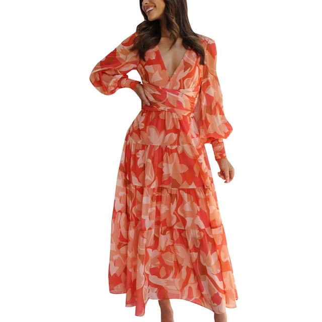 Ketyyh-chn99 Robes de Plage Femmes Tendance 2024 Grande Taille Robe Mini Robe de Soirée Manches Longues Robe Longue Confortable Orange,m