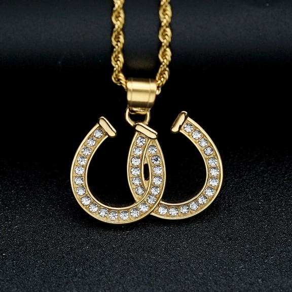 Horseshoe Head Animal Inlaid Cubic Zirconia horseshoe Pendant Necklace for Men 14K Yellow Gold Punk Fashion Hip Hop Jewelry Gift