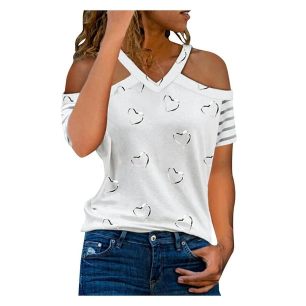 Off the Shoulder Tops for Women V-Neck Short Sleeve Dressy Casual Tunic Tops  Heart Prints Loose Summer Blouses T Shirts 