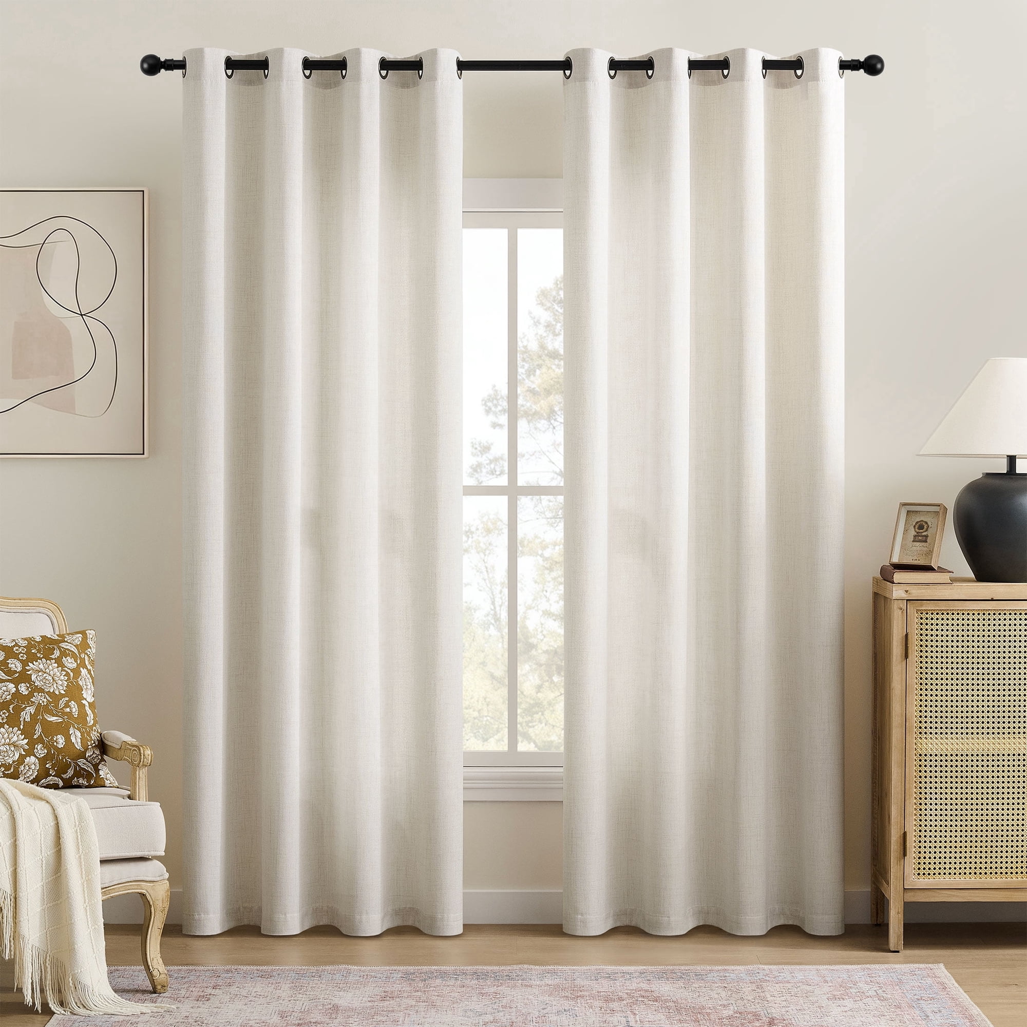 TURCURNO Light Filtering Linen Curtains for Living Room Bedroom,Soft Fabric Bronze Grommet Semi Sheer Privacy Drapes 2 Panels,Ivory White,52"x90"