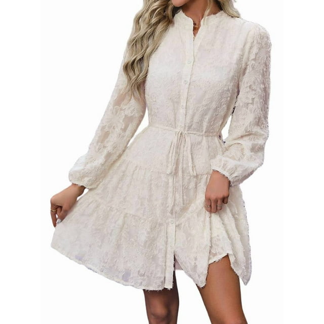 Robes d'Automne à Manches Longues pour Femmes, Taille Boutonnée avec Ceinture, Robe Trapèze Courte, Robe Décontractée d'Automne et d'Hiver, Abricot, TG