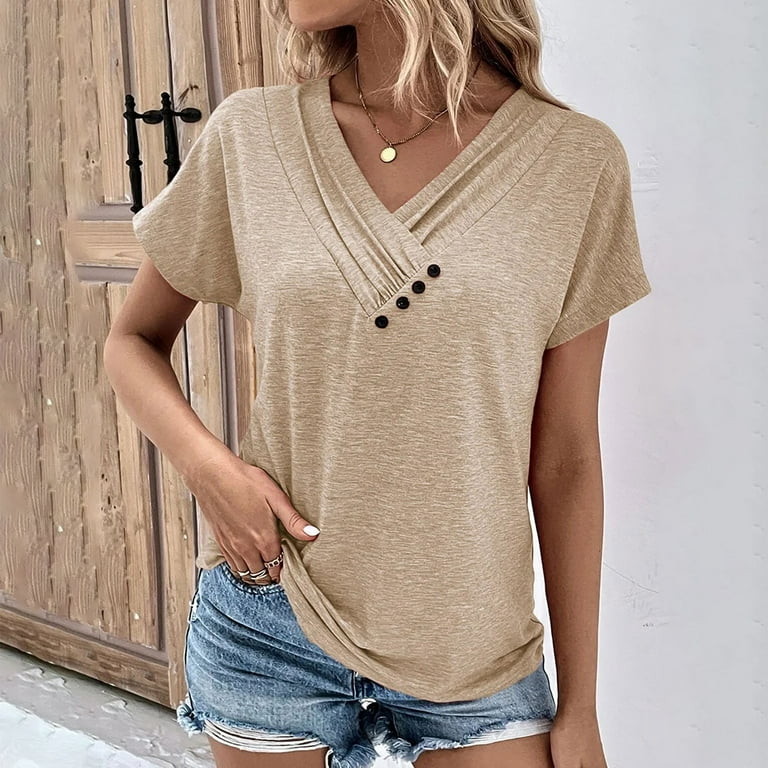 EHTMSAK Plus Size Dressy Tops for Women Button Down Tops Plus Size Summer Ladies V Neck Tops White Blouse Dress for Women Khaki L Walmart