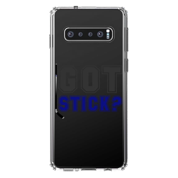 DistinctInk Clear Shockproof Hybrid Case for Samsung Galaxy S10+ PLUS (6.4" Screen) - TPU Bumper Acrylic Back Tempered Glass Screen Protector - Got Stick? Hockey