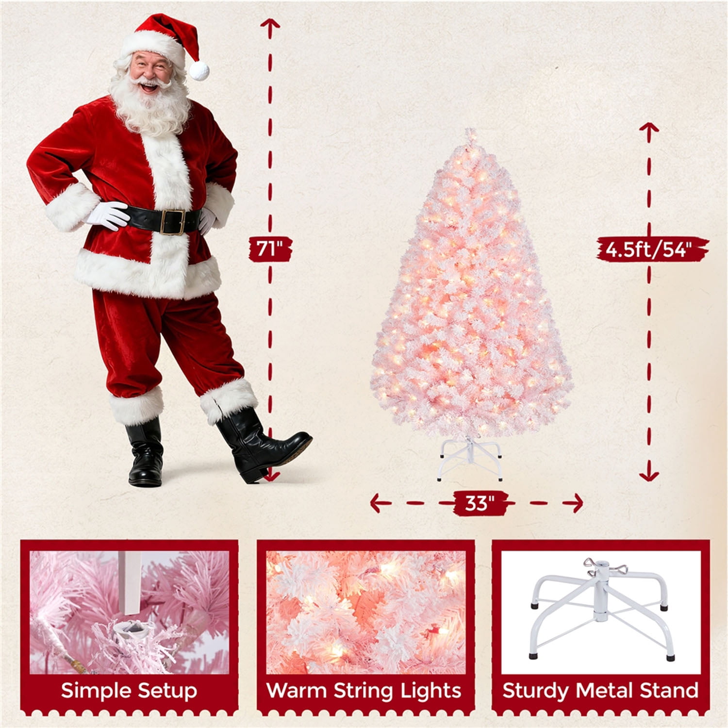 Alden Design 4.5FT Pre-lit Artificial Christmas Tree Flocked Christmas Tree with Foldable Stand and LED Warm Lights,Pink