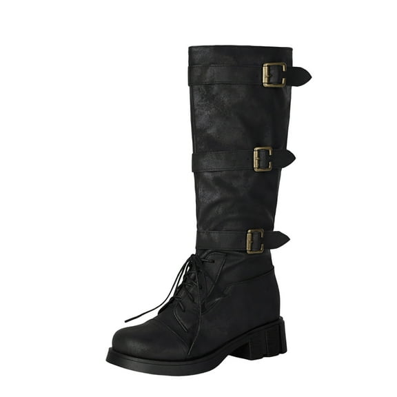 Black Women'S Cowboy Boots With Lace-Up And Belt Buckle, Chunky Heel For Support, Perfect For Cool Weather And Casual Style
