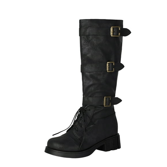 LOVZFMLL Boots for Women Mid Calf Winter Boots Lace Up Round Toe Adjustable Straps Low Chunky Heel Western Style Fall Winter