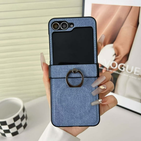 Designed For Motorola Razr 2024/2025 Magnetic Phone Case,Compatible with Mag-Safe,With Rotatable Ring Kickstand,Denim Texture PU Leather Shockproof Thin Fit Phone Case,Blue