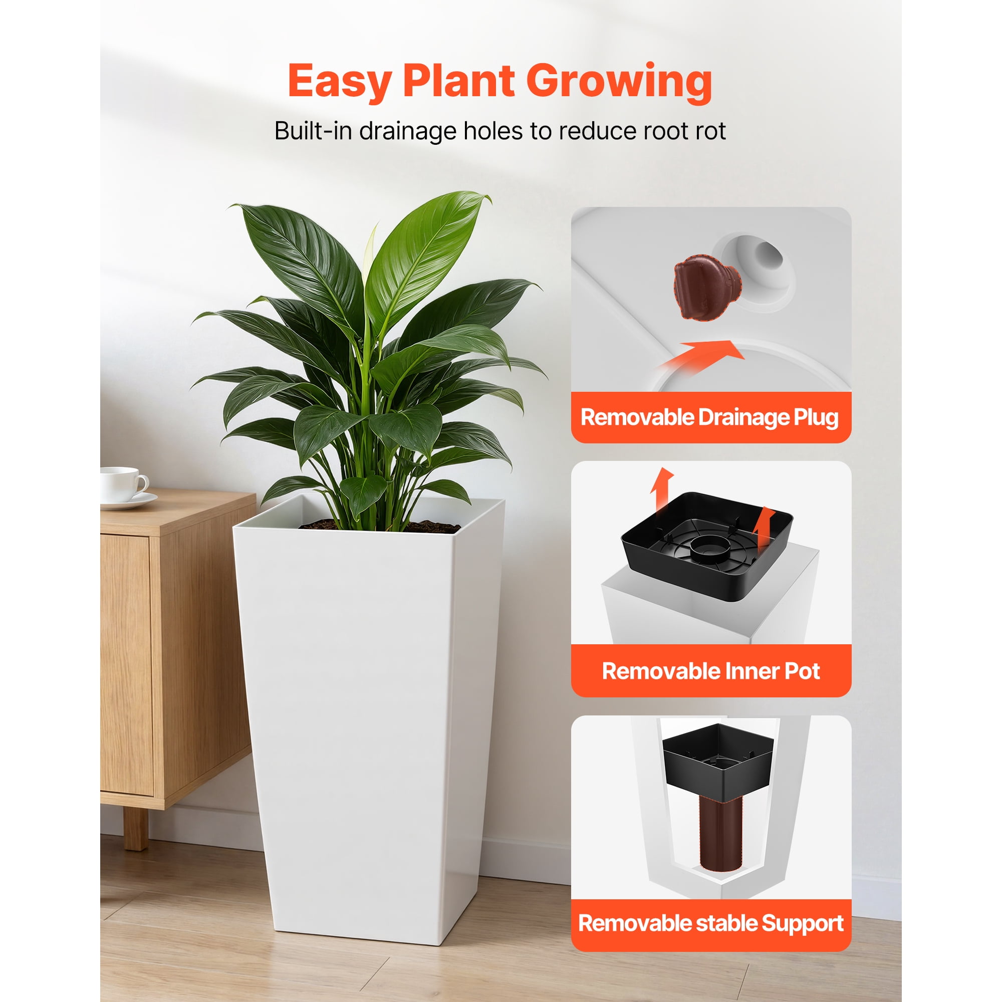 KFFKFF Set of 2 Tall Planters, 30in Large Outdoor and Indoor Tapered Plant Pots with Casters, Inner Pot, and Drainage Holes for Patio, Garden, and Front Porch, White
