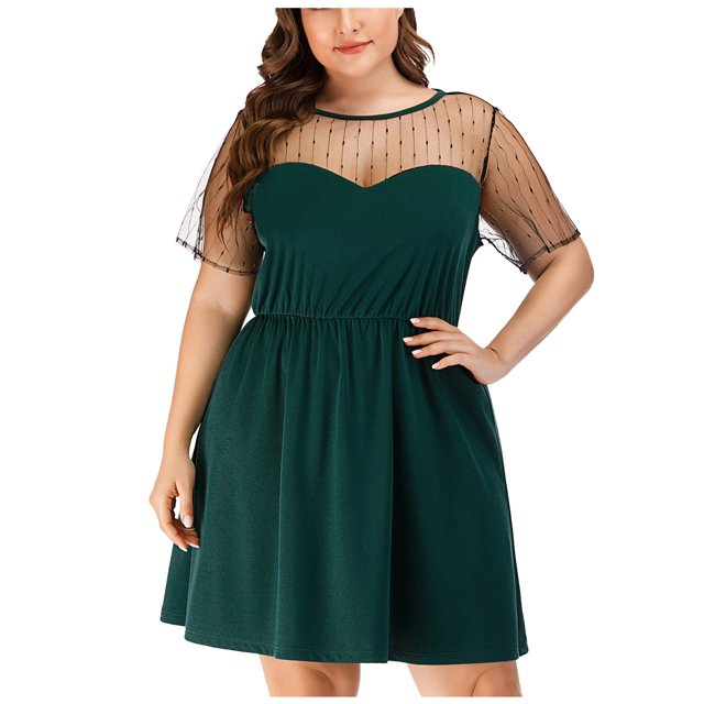 Vestido de verano de talla grande para mujer, sexy, con cuello redondo, de encaje, de manga corta, liso, con espalda descubierta Fridja qw4043