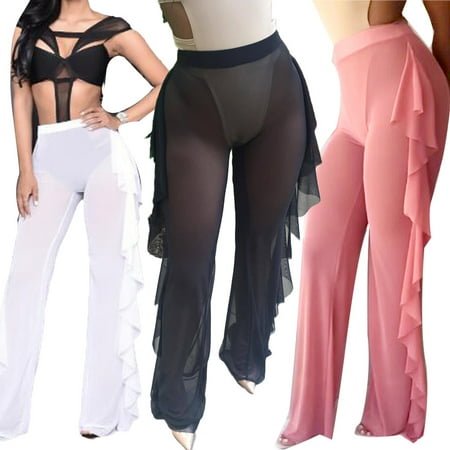 

Taluosi Sexy Women Mesh See-through Side Ruffles Loose Beach Long Pants Club Trousers