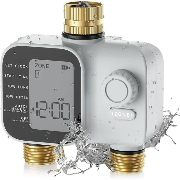 [2026 Upgrade] 2 Zone Sprinkler Timer with Brass Inlets & Outlets, Programmable Water Timer for Garden Hose, IP55 Waterproof Hose Timers with Manual Irrigation Timers for Yard and Lawn Patio