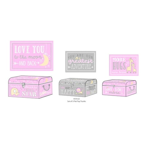 Black Storage Trunk Tricoastal Design- Set Of 3 Nested Flat Dome Storage Trunks Pink & Grey Sweet Baby Of Mine Print ()