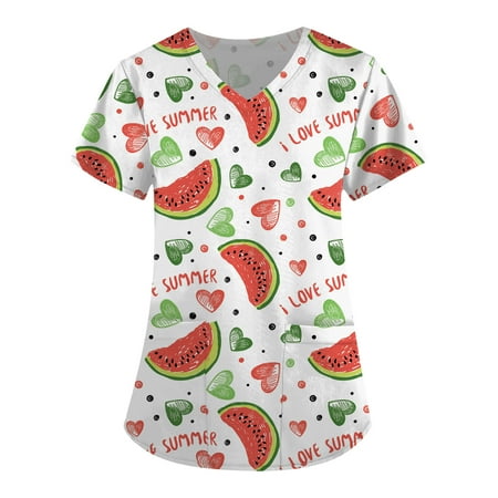 

Apepal Women Print Short Sleeve V-Neck Scrub Tops Working T-shirt