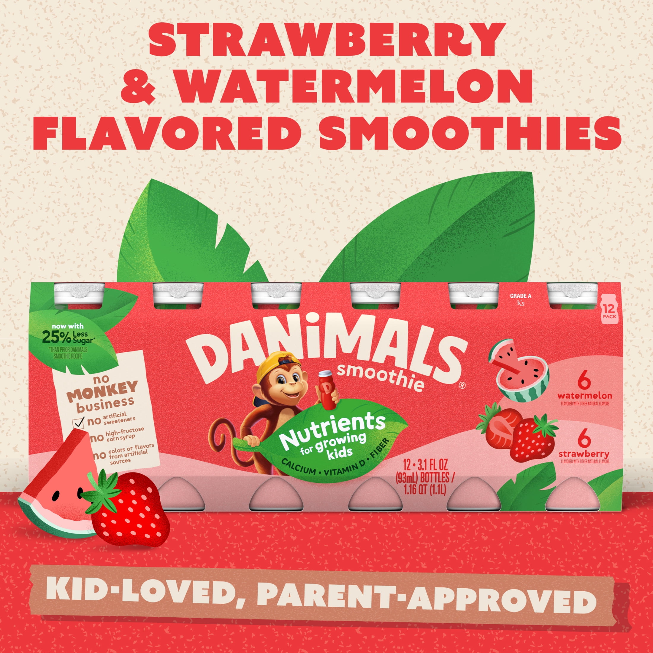 Danimals Smoothie Strawberry and Watermelon Low Fat Dairy Drink Smoothie Bottles Multi-Pack, 3.1 fl oz, 12 Count​