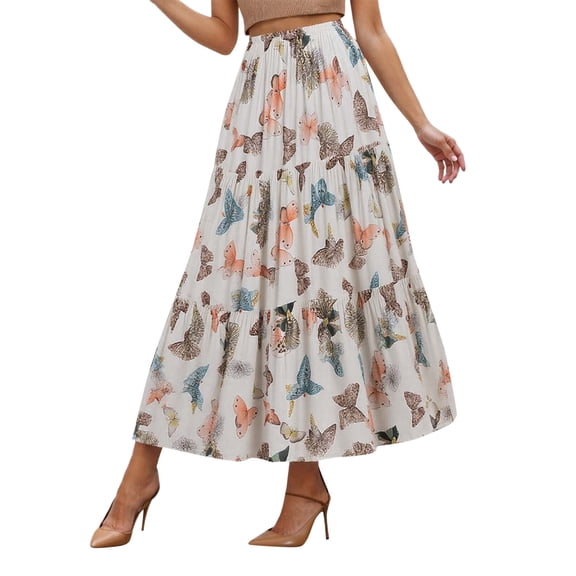 oqasdz Women's Flowy Floral Printed Skirts Comfortable Elastic Waist A Line Drawstring Casual Outdoor Wear Loose Fit Spring Fall Long Skirt