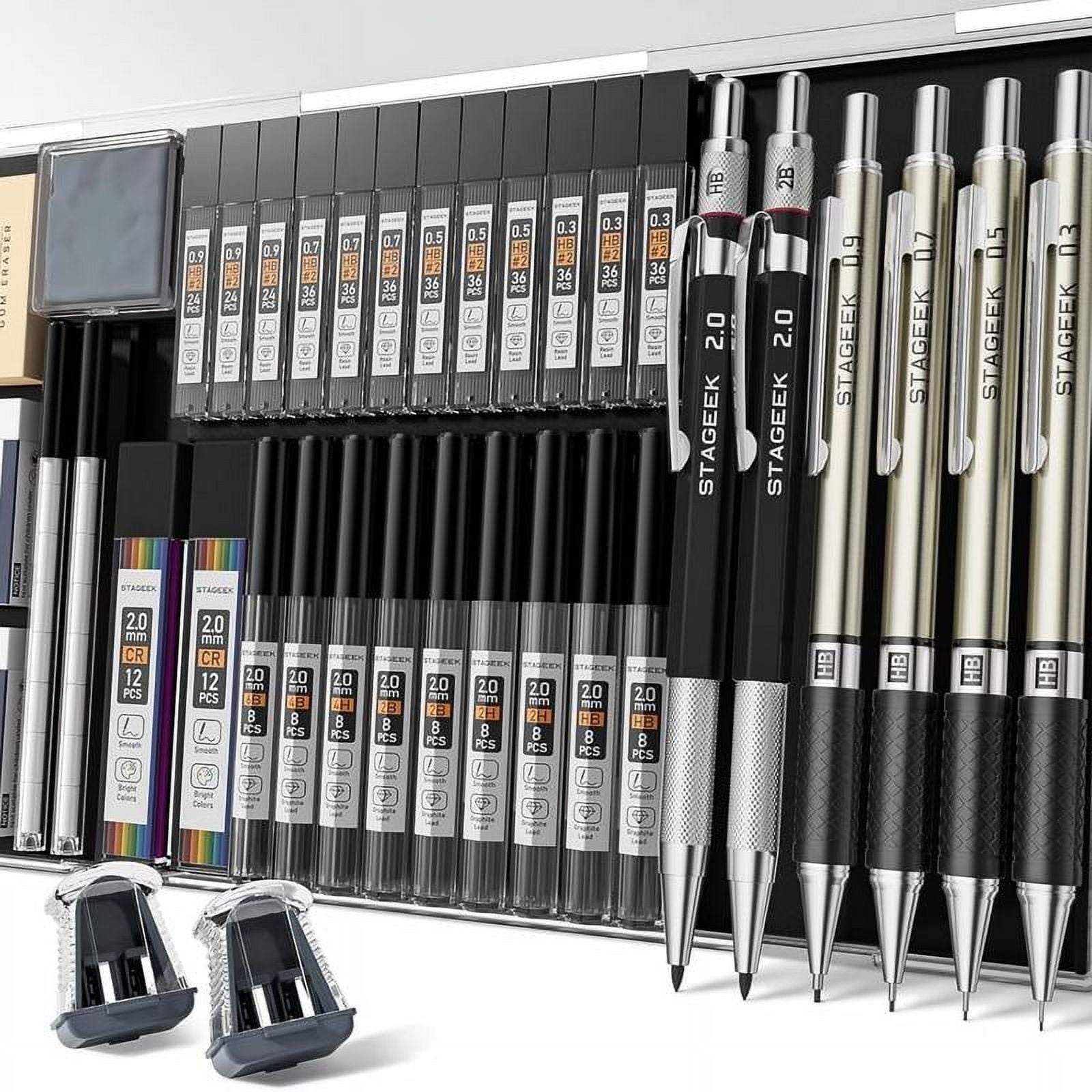 STAGEEK 37PCS Art Mechanical Pencil Set, Drafting Pencil 5 Sizes- 0.3, 0.5, 0.7, 0.9MM & 2PCS 2.0MM Mechanical Drawing Pencils with 492PCS Leads (6B 4B 2B HB 2H 4H Color) for Artist Sketching
