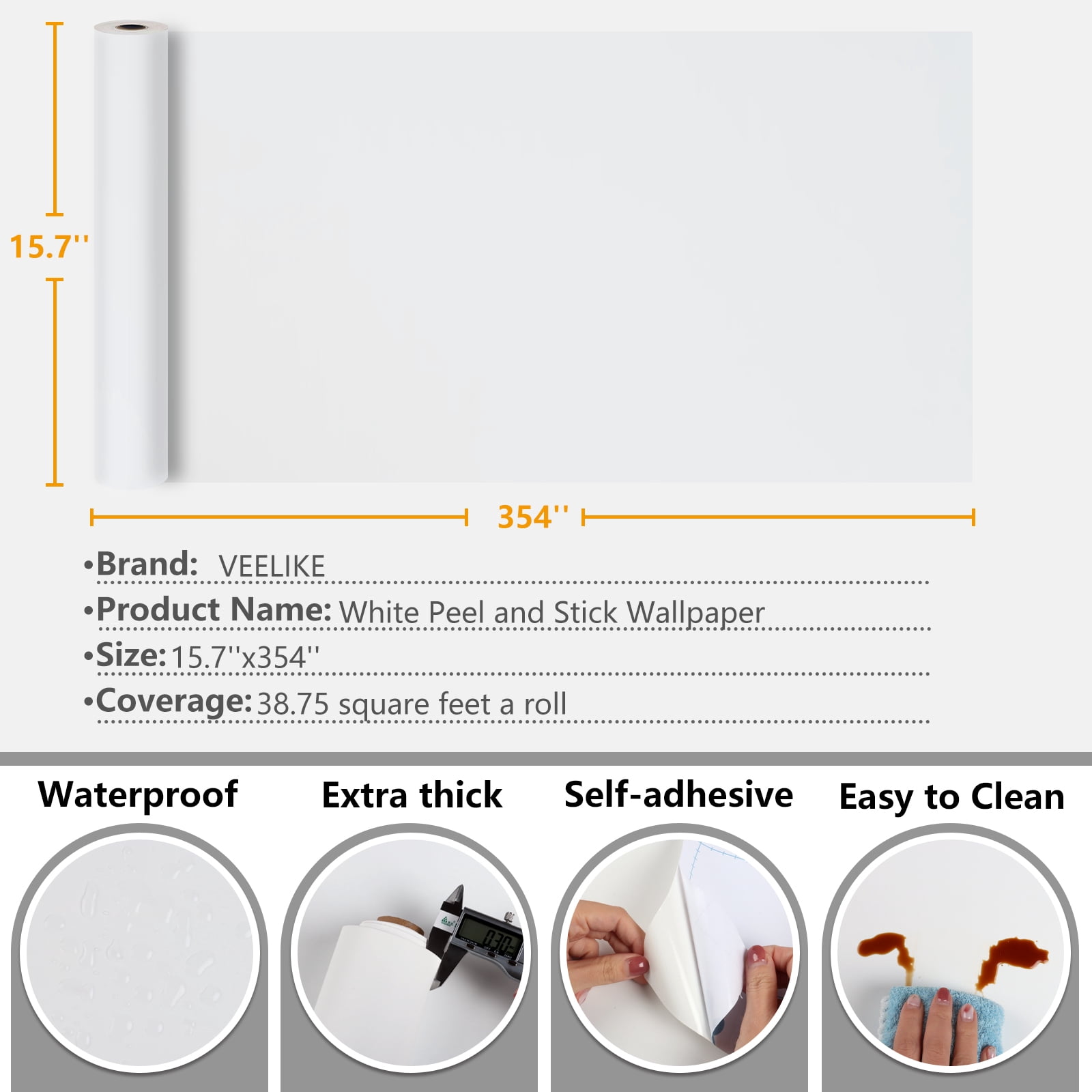 VEELIKE Thick White Peel and Stick Wallpaper White Contact Paper for Cabinets Kitchen Countertops 15.7"x354" Waterproof Self Adhesive White Wallpaper for Bedroom Matte White Vinyl Roll for Living Room