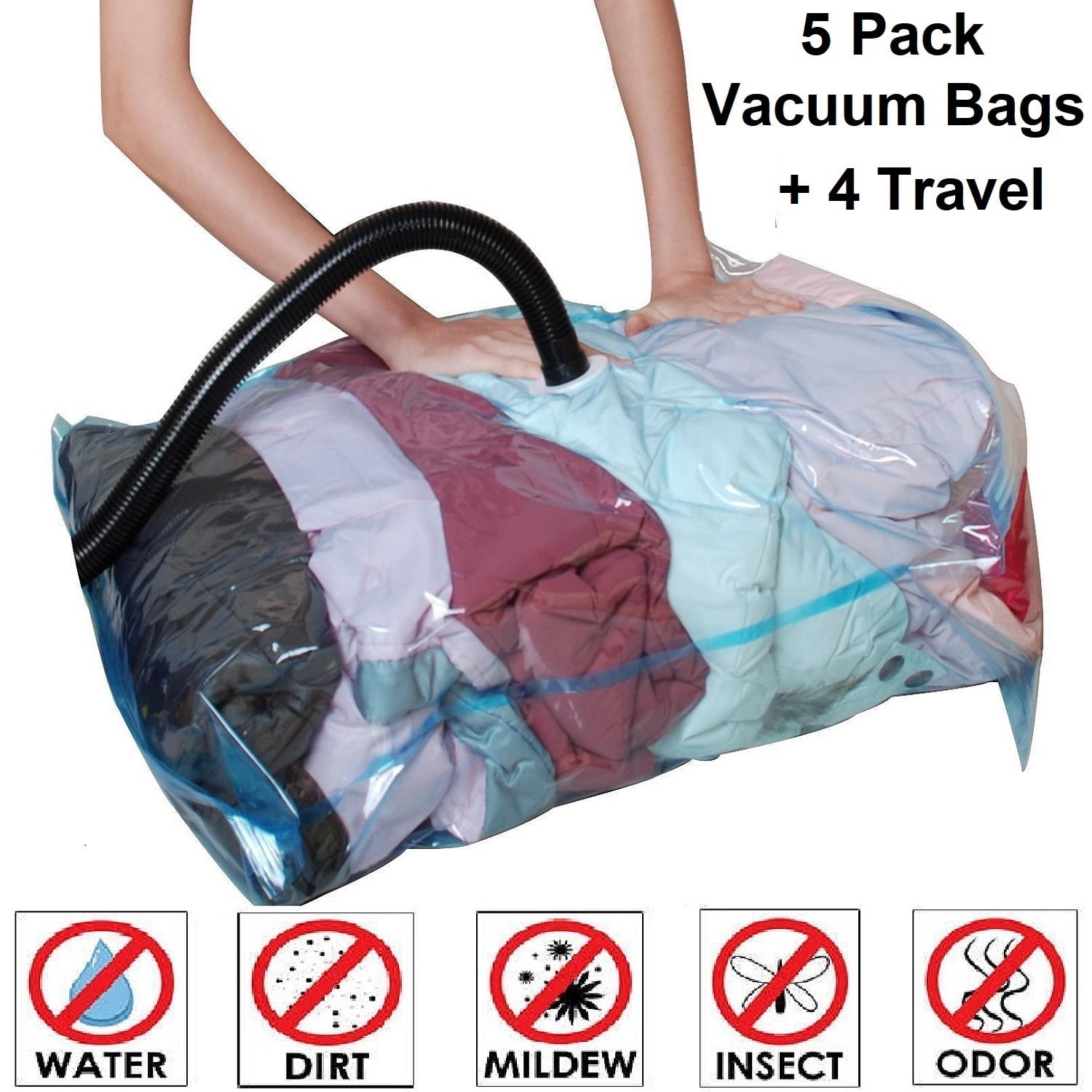 QQbed 9 Pack: 5 Super Jumbo Vacuum Seal Organizer Bags + 4 Travel Bags for Wardrobes, Closets