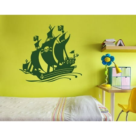 Black Bart Pirate Ship Wall Decal - Wall Sticker, Vinyl Wall Art, Home Decor, Wall Mural - 3729 - Silver, 47in x 44in