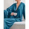 thumbnail image 6 of Women's Notched Collar Long Sleeve Top & Wide Leg Pants Loungewear Set Cyan XL, 6 of 7