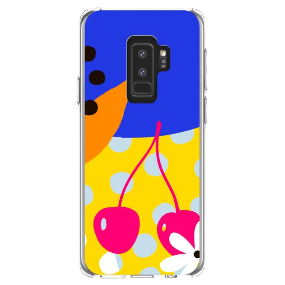 DistinctInk Clear Shockproof Hybrid Case for Samsung Galaxy S9  PLUS (6.2" Screen) - TPU Bumper, Acrylic Back, Tempered Glass Screen Protector - Summer Vibes Bold Flower Chery Pink Yellow