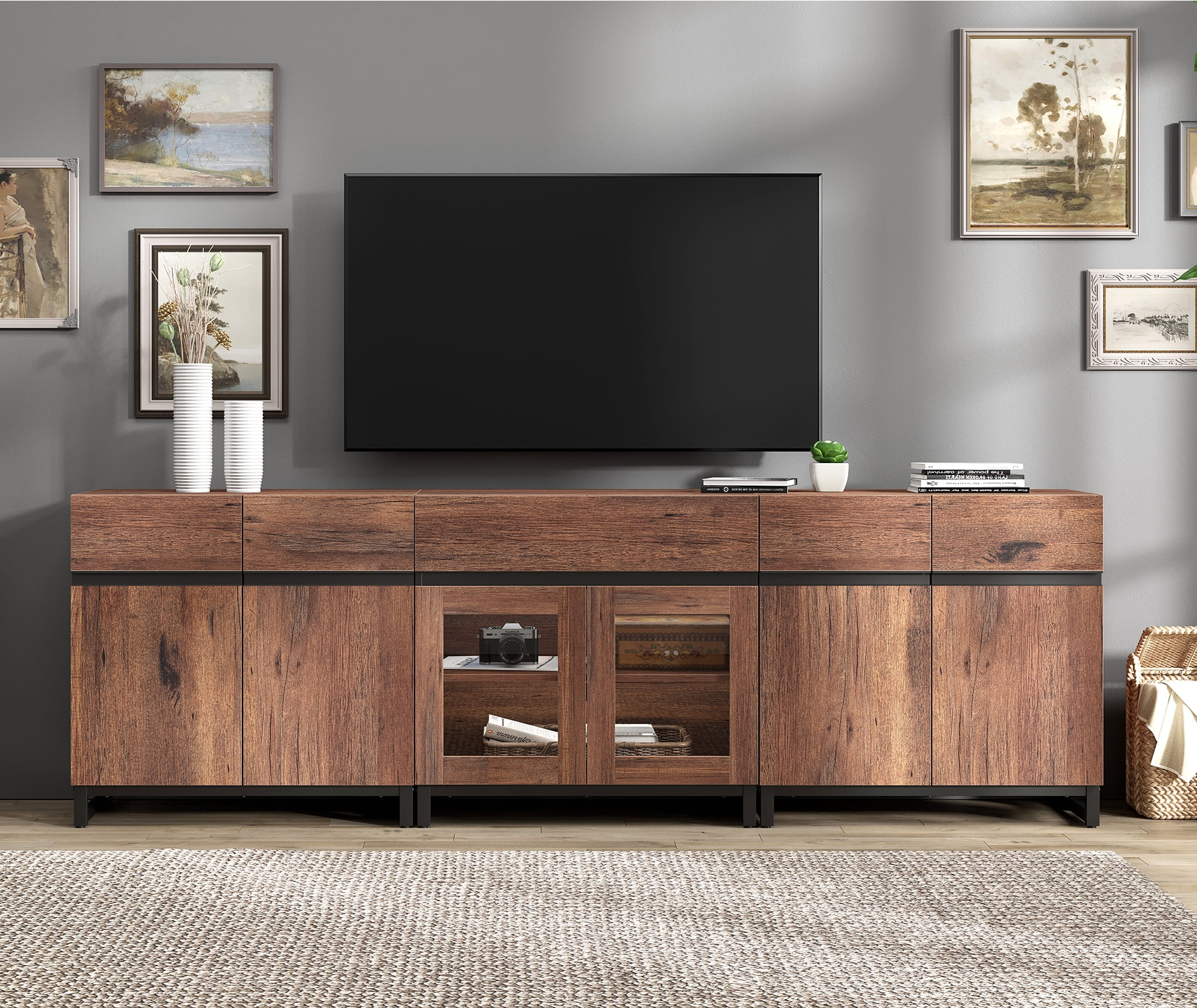 WAMPAT 3-in-1 Modern Entertainment Center TV Stand for TVs up to 100 Inch, with Metal Base & 2 Adjustable Shelves, Living Room TV Console, Brown