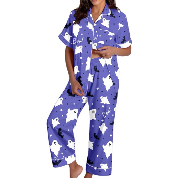 Halloween Pjs Women 2 Piece Short Sleeve Lapel Graphic Print Buttoned Top And Pants Loungewear Women's Sleepwear XL