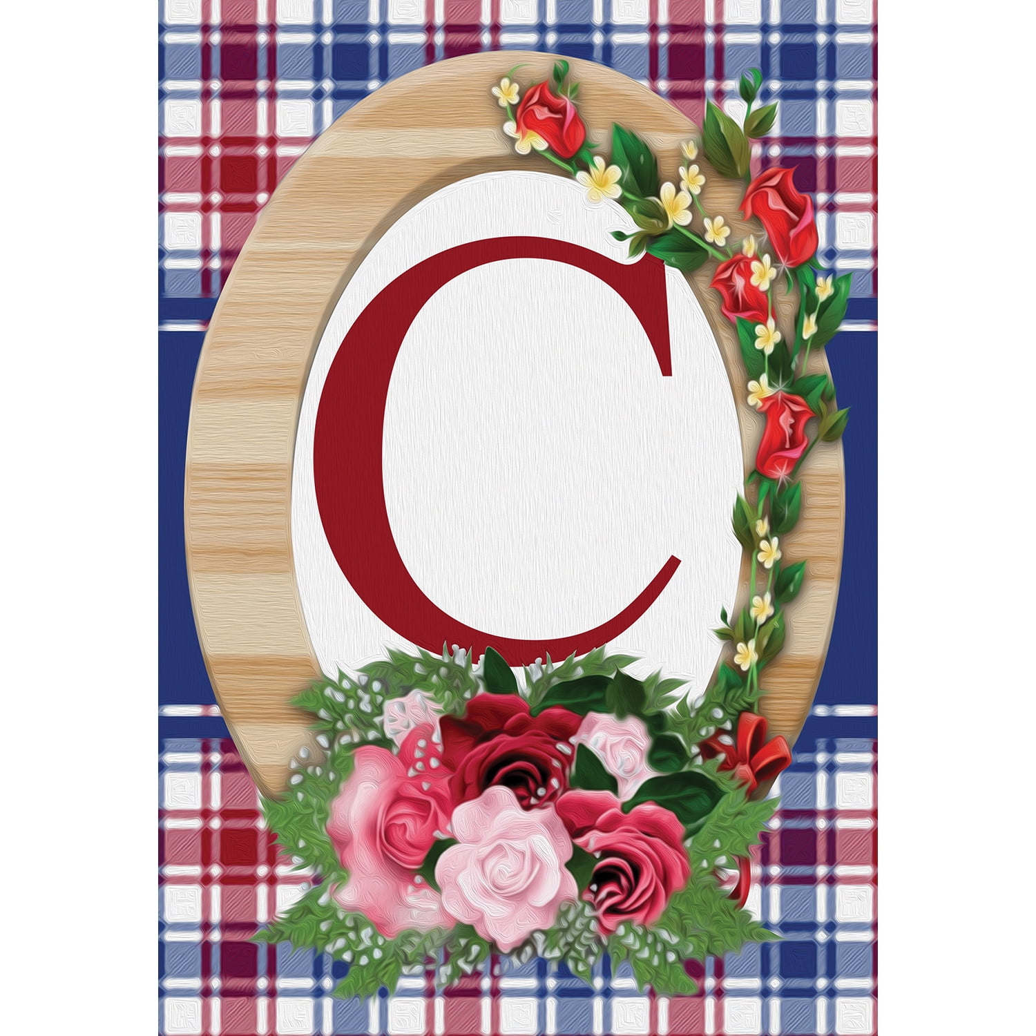 America Forever Monogram C House Flag, 28 x 40 inch Double Sided, Letter C with Roses, Floral Initial Flag, Plaid Background, Personalized Yard Decor
