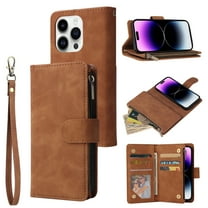 Dteck for iPhone 15 Pro Max Wallet Case,Soft Leather Zipper Wallet Case Magnetic Buckle Flip Cover with 5 Card Slots/Photo Pocks/Lanyard Strap for Apple iPhone 15 Pro Max 6.7 inch 2023,Brown