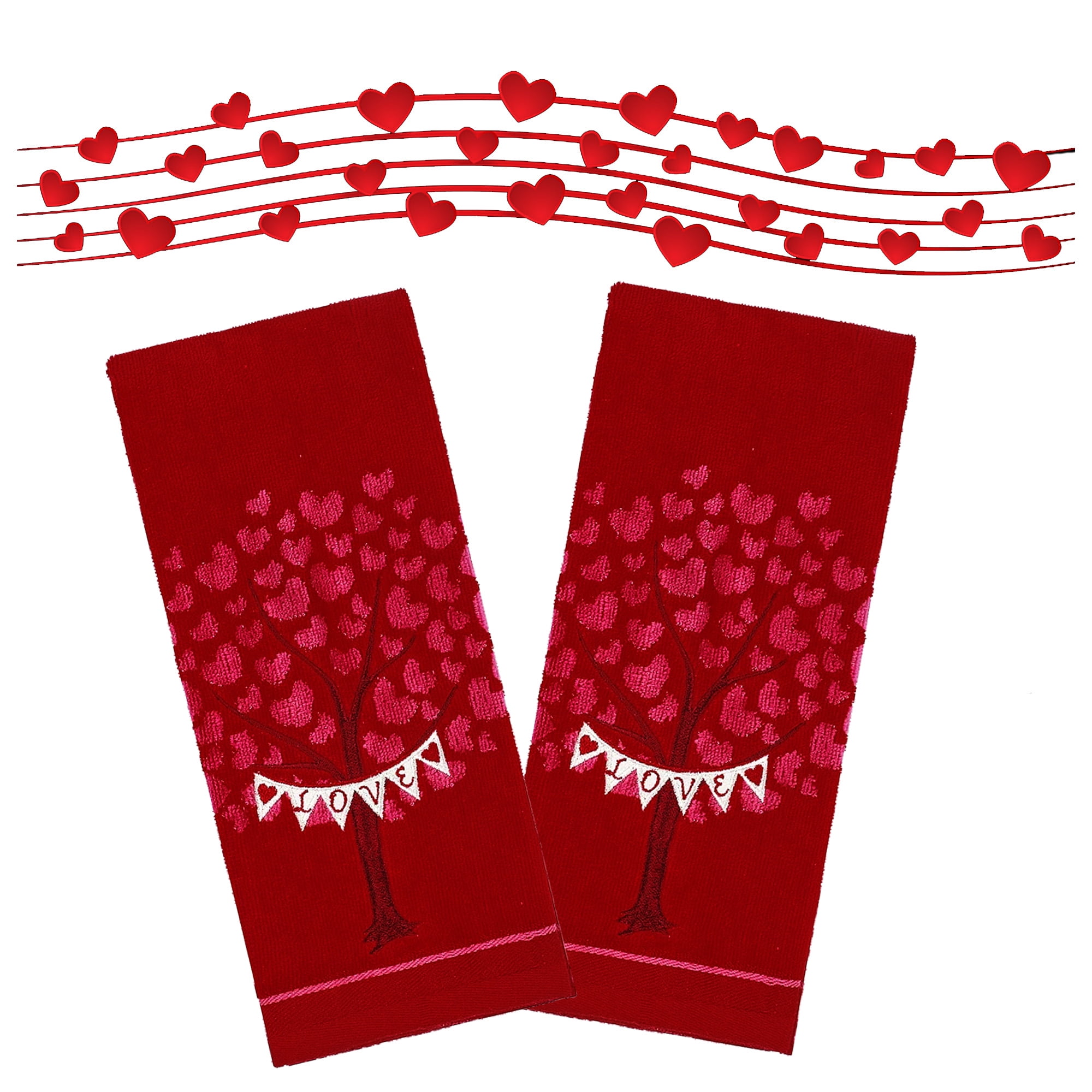 Celebrate  Valentine Bath Hand Towels Red Tree of Love Hearts Bathroom 2 Pieces