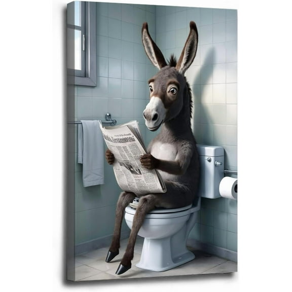 AVOI Funny donkey in the bathroom sitting on the toilet reading a newspaper funny bathroom wall decor animals in the toilet gift ideas bathroom decor wall art canvas wall art Unframe: 20x24in