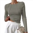 thumbnail image 1 of Camisas de Larga para Mujer, Corte Entallado, Cuello Redondo, Ropa de Otoño, Costuras Expuestas, Blusas Básicas Acanaladas. Judías XL, 1 of 7