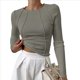 thumbnail image 1 of Camisas de Larga para Mujer, Corte Entallado, Cuello Redondo, Ropa de Otoño, Costuras Expuestas, Blusas Básicas Acanaladas. Judías L, 1 of 7