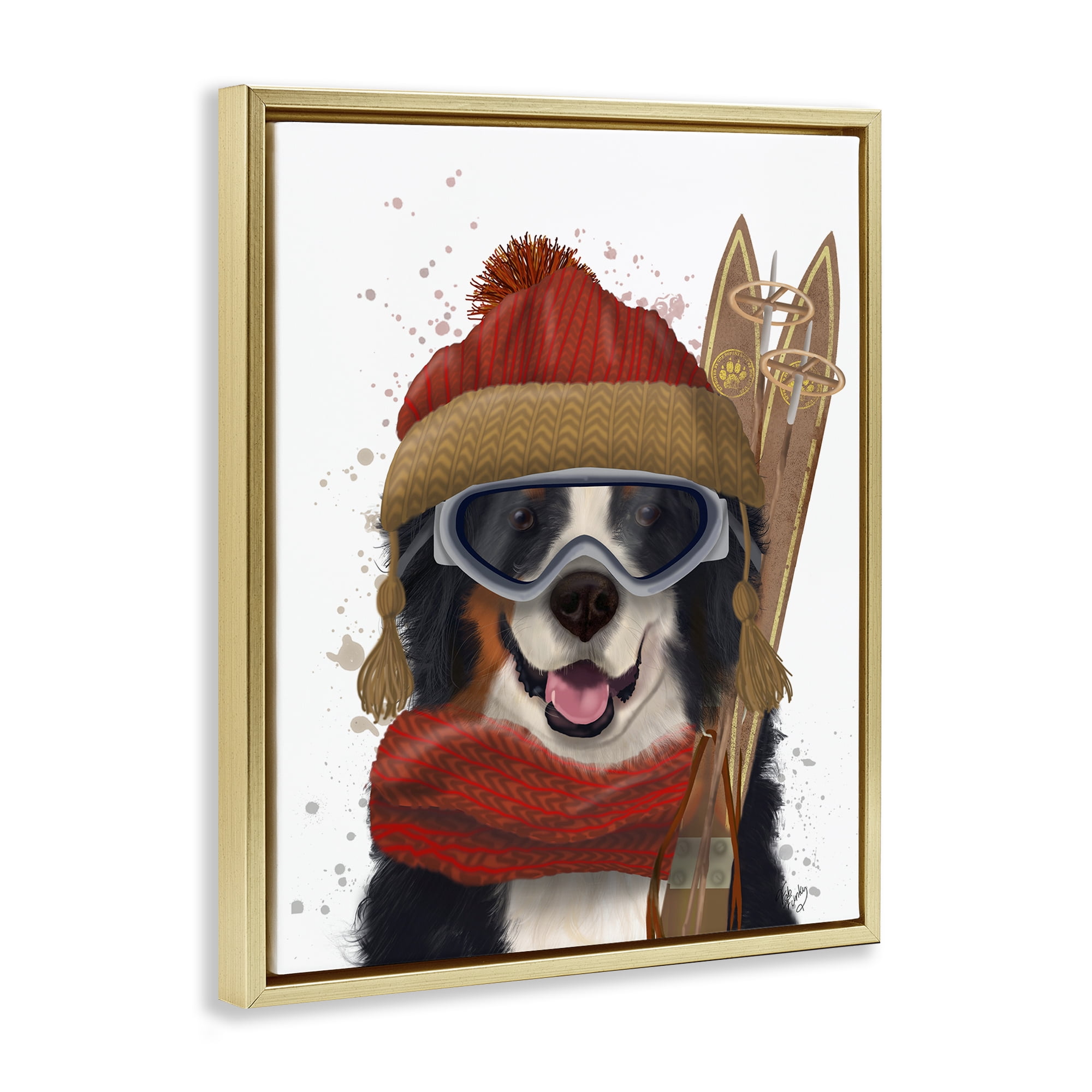 Stupell Industries Happy Skiing Dog Animals & Insects Painting Gold Floater Framed Canvas Art Prints Wall Art, 17 x 21